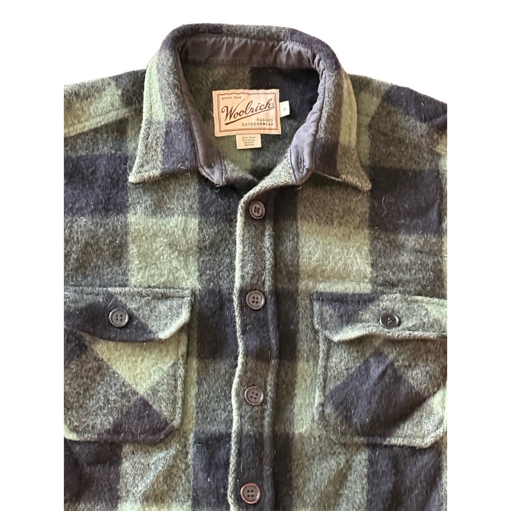 Vintage Woolrich Dark Green & Black Buffalo Wool Flannel Jacket Shirt Mens Large - Picture 3 of 7